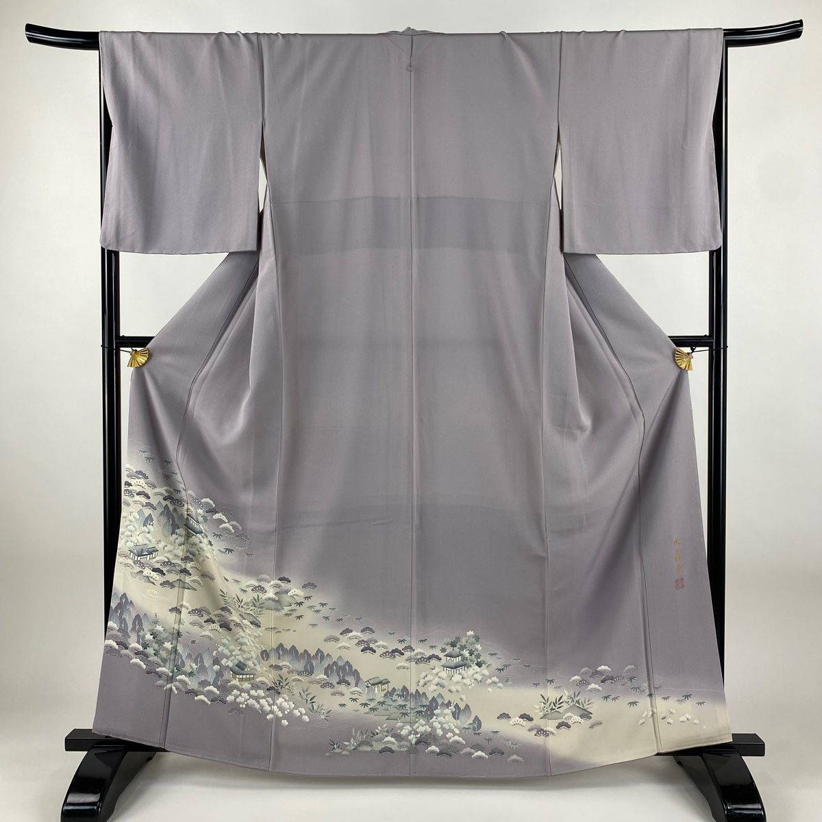 色留袖 身丈163.5 cm 裄丈67.5 L 袷 水晶染 落款 松竹梅 建物 ラインストーン ぼかし 灰紫 正絹 秀品 一つ紋