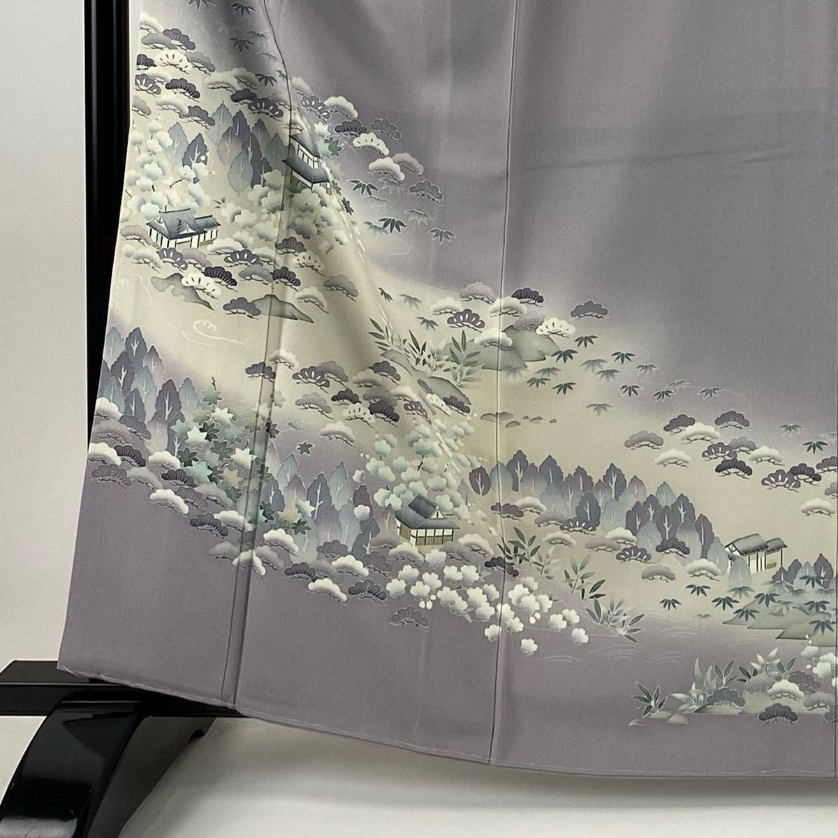 色留袖 身丈163.5 cm 裄丈67.5 L 袷 水晶染 落款 松竹梅 建物 ラインストーン ぼかし 灰紫 正絹 秀品 一つ紋