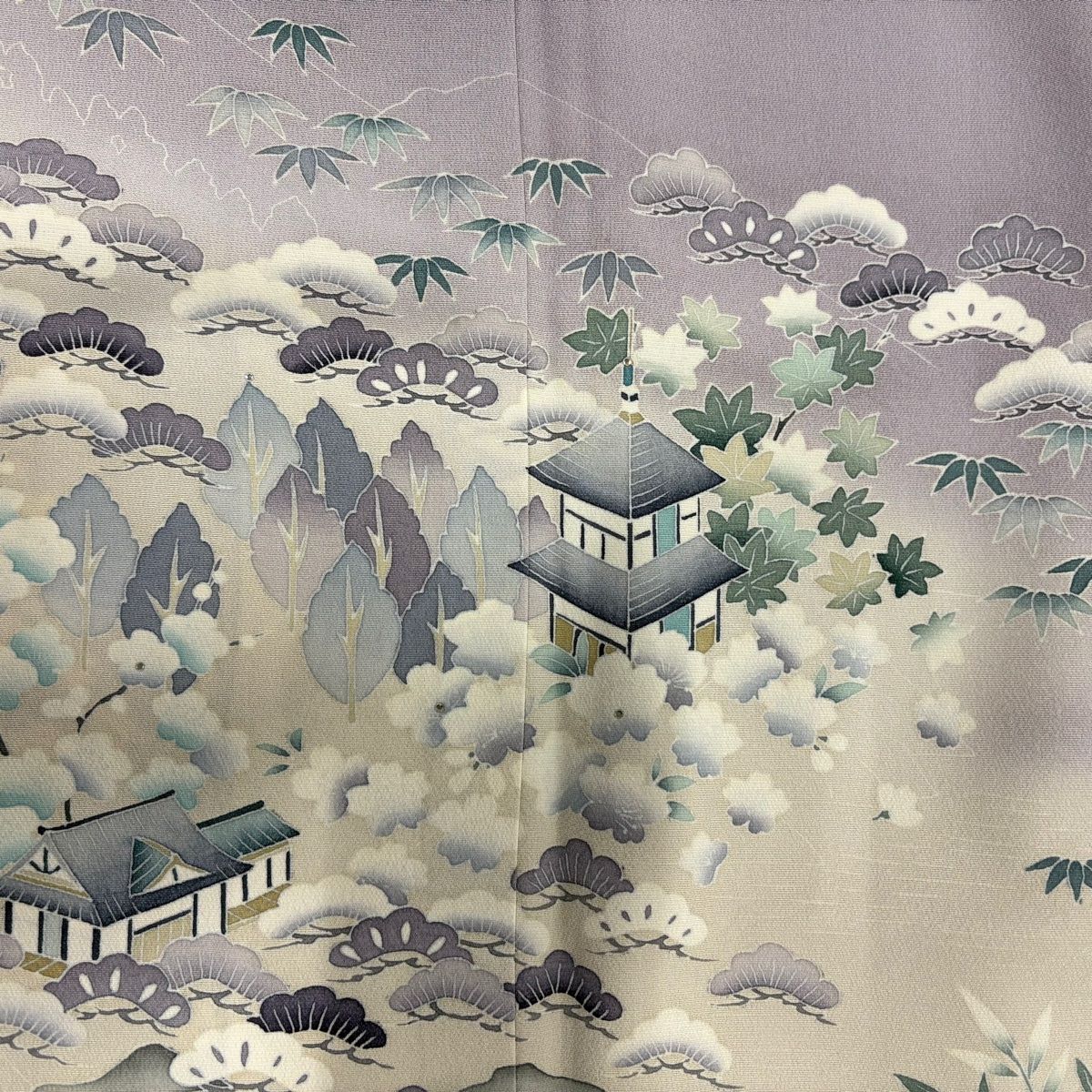  色留袖 身丈163.5 cm 裄丈67.5 L 袷 水晶染 落款 松竹梅 建物 ラインストーン ぼかし 灰紫 正絹 秀品 一つ紋 色留袖 着物