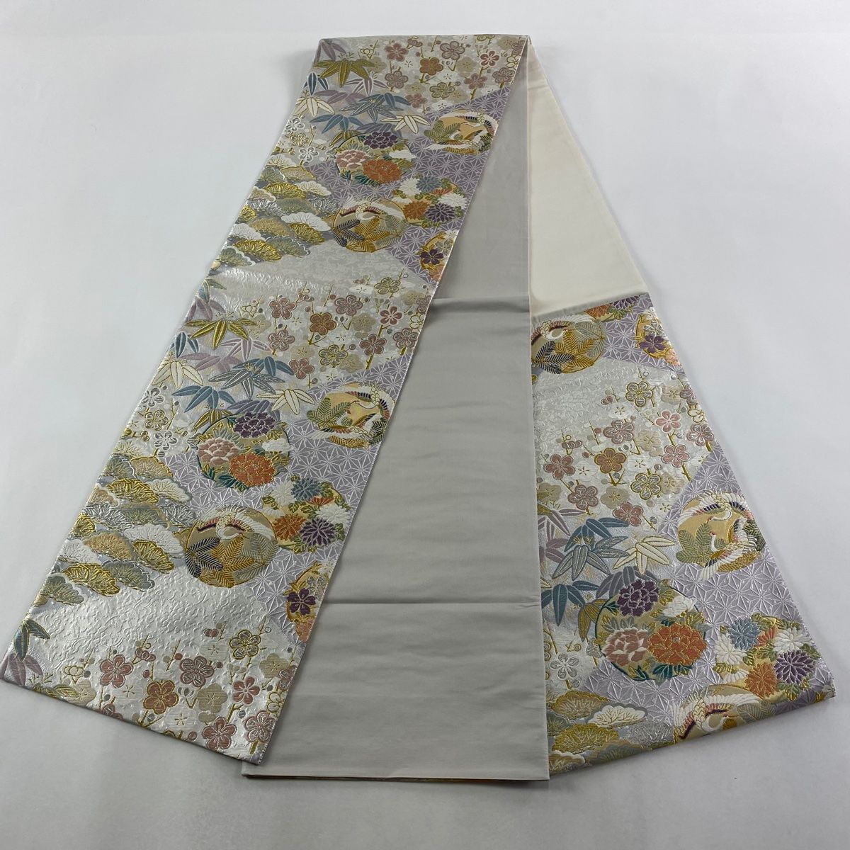 美品】 袋帯 秀品 鈴乃屋 松竹梅 鶴 金銀糸 箔 銀色 六通 正絹 【中古