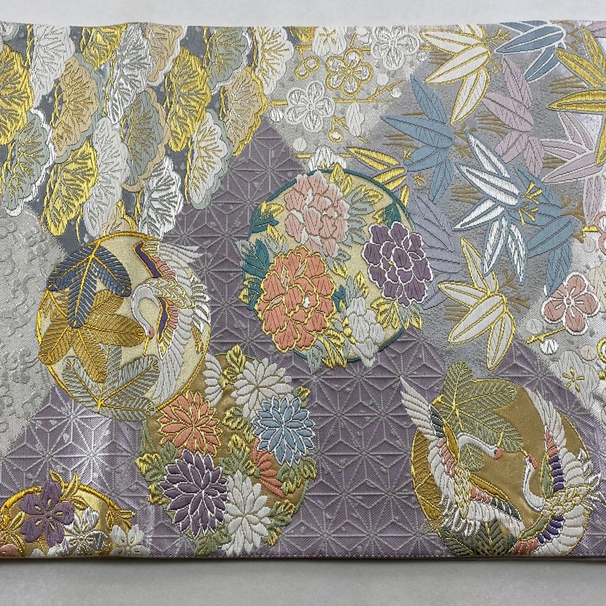 美品】 袋帯 秀品 鈴乃屋 松竹梅 鶴 金銀糸 箔 銀色 六通 正絹 【中古