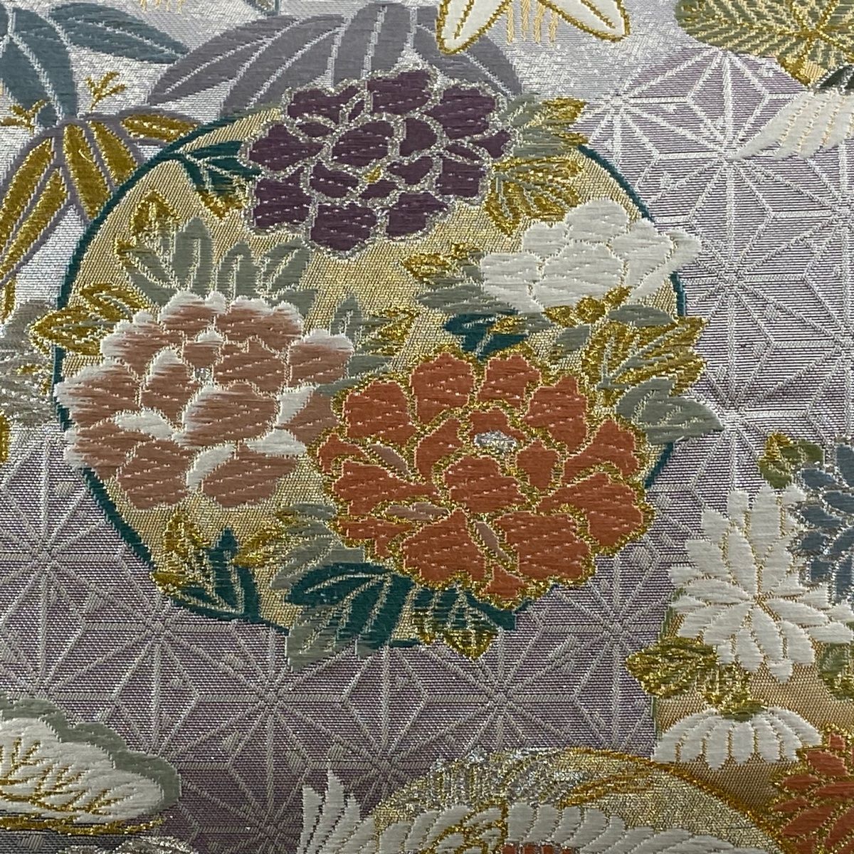 美品】 袋帯 秀品 鈴乃屋 松竹梅 鶴 金銀糸 箔 銀色 六通 正絹 【中古