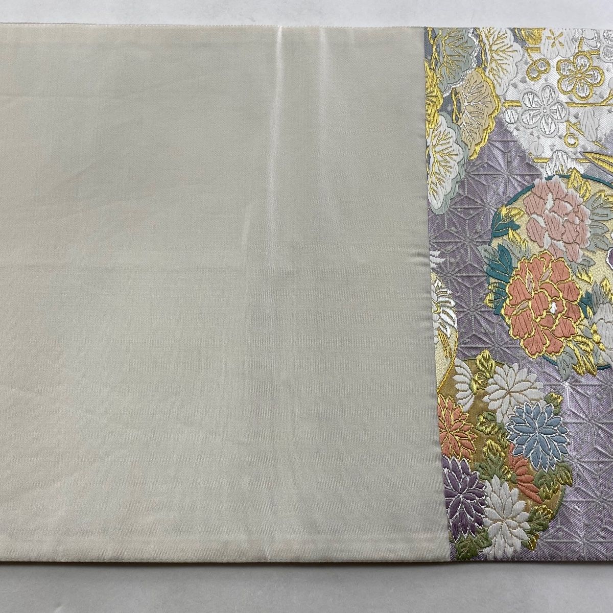 美品】 袋帯 秀品 鈴乃屋 松竹梅 鶴 金銀糸 箔 銀色 六通 正絹 【中古