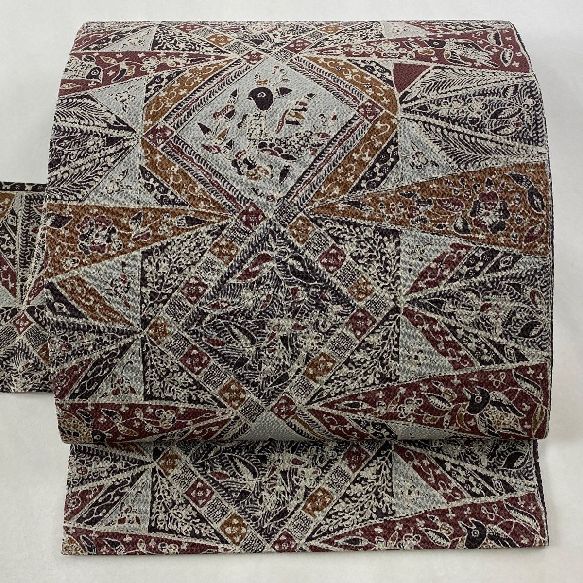 名古屋帯 秀品 鳥 草花 縮緬 灰色 正絹