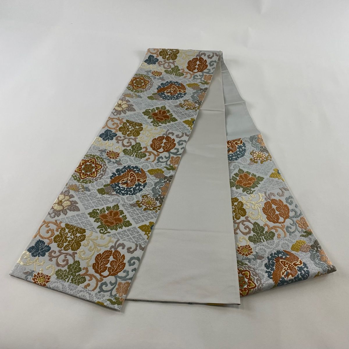 袋帯 美品 秀品 証紙 菊 花菱 唐織 青灰色 六通 正絹 【中古】