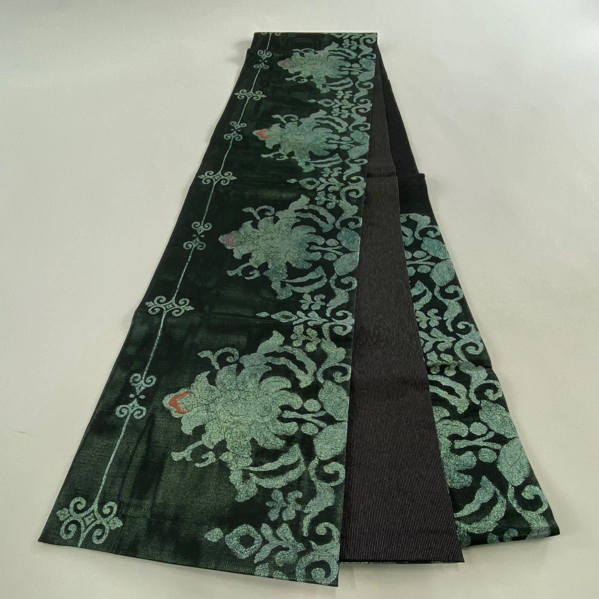  袋帯 秀品 草花 幾何学模様 箔 黒 六通 正絹 袋帯 帯