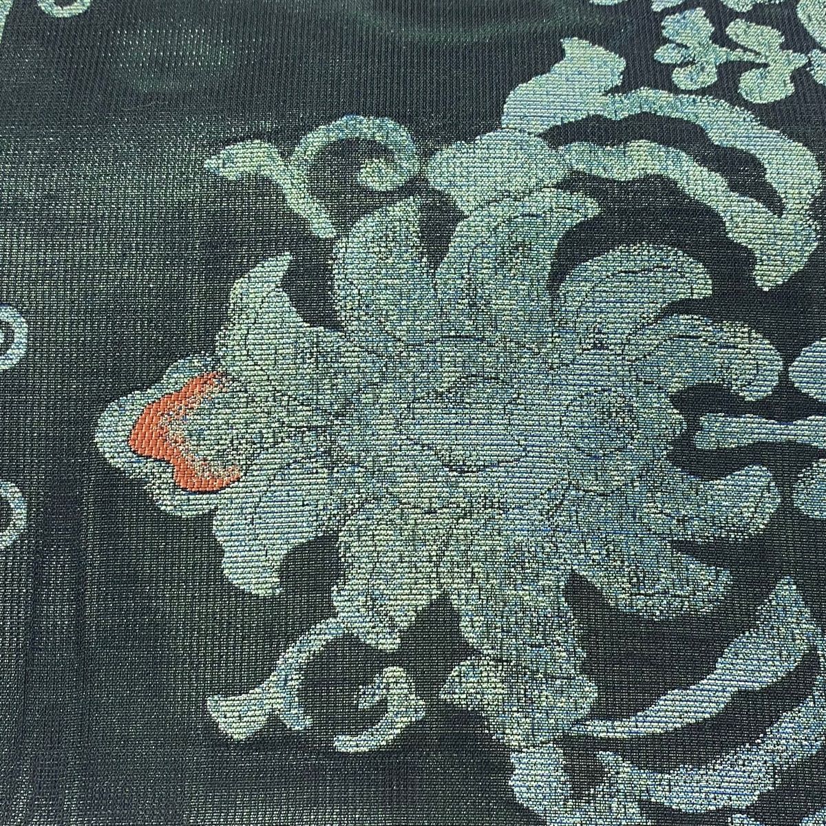 袋帯 秀品 草花 幾何学模様 箔 黒 六通 正絹