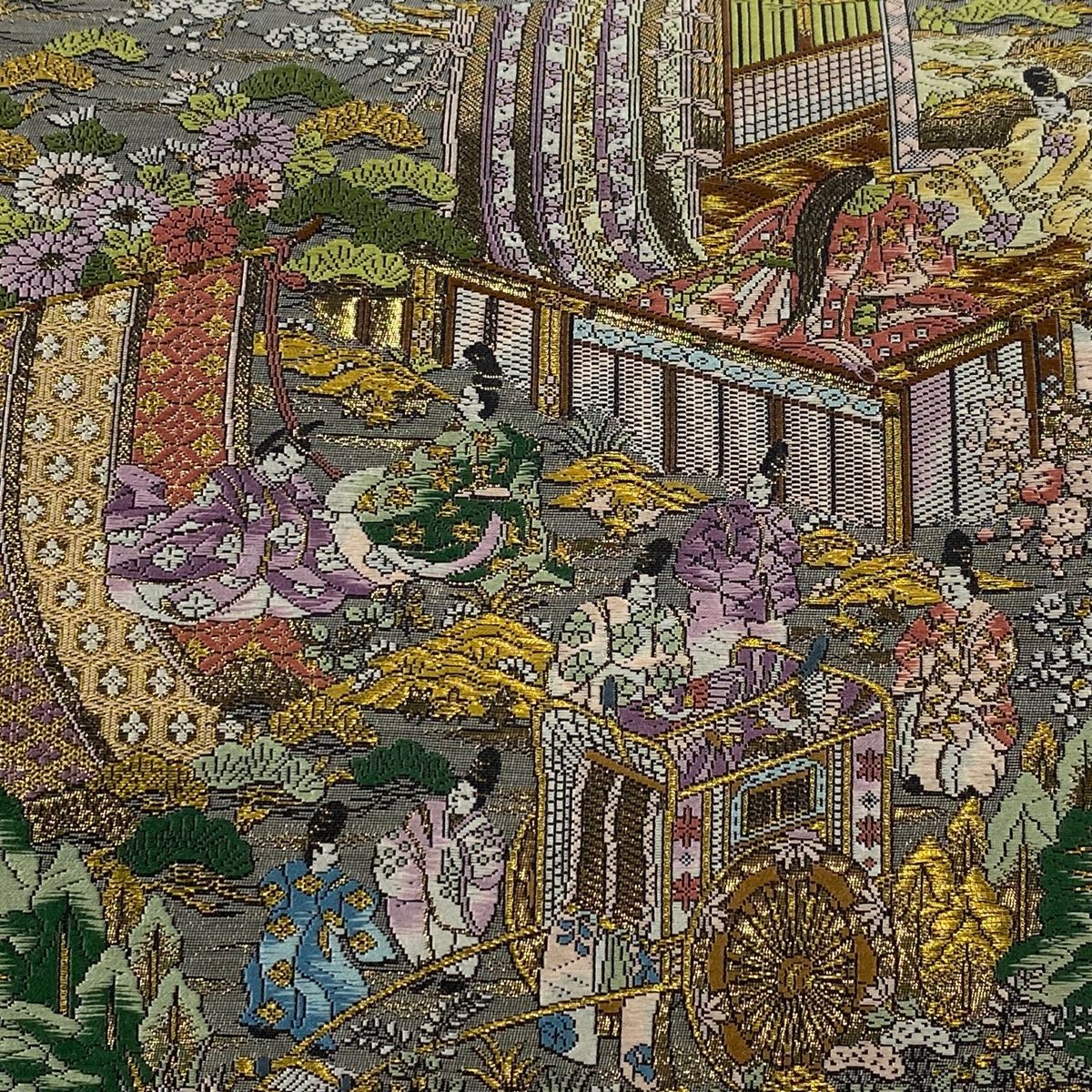 袋帯 秀品 京洛時代祭還幸絵巻 金糸 箔 灰色 お太鼓柄 正絹