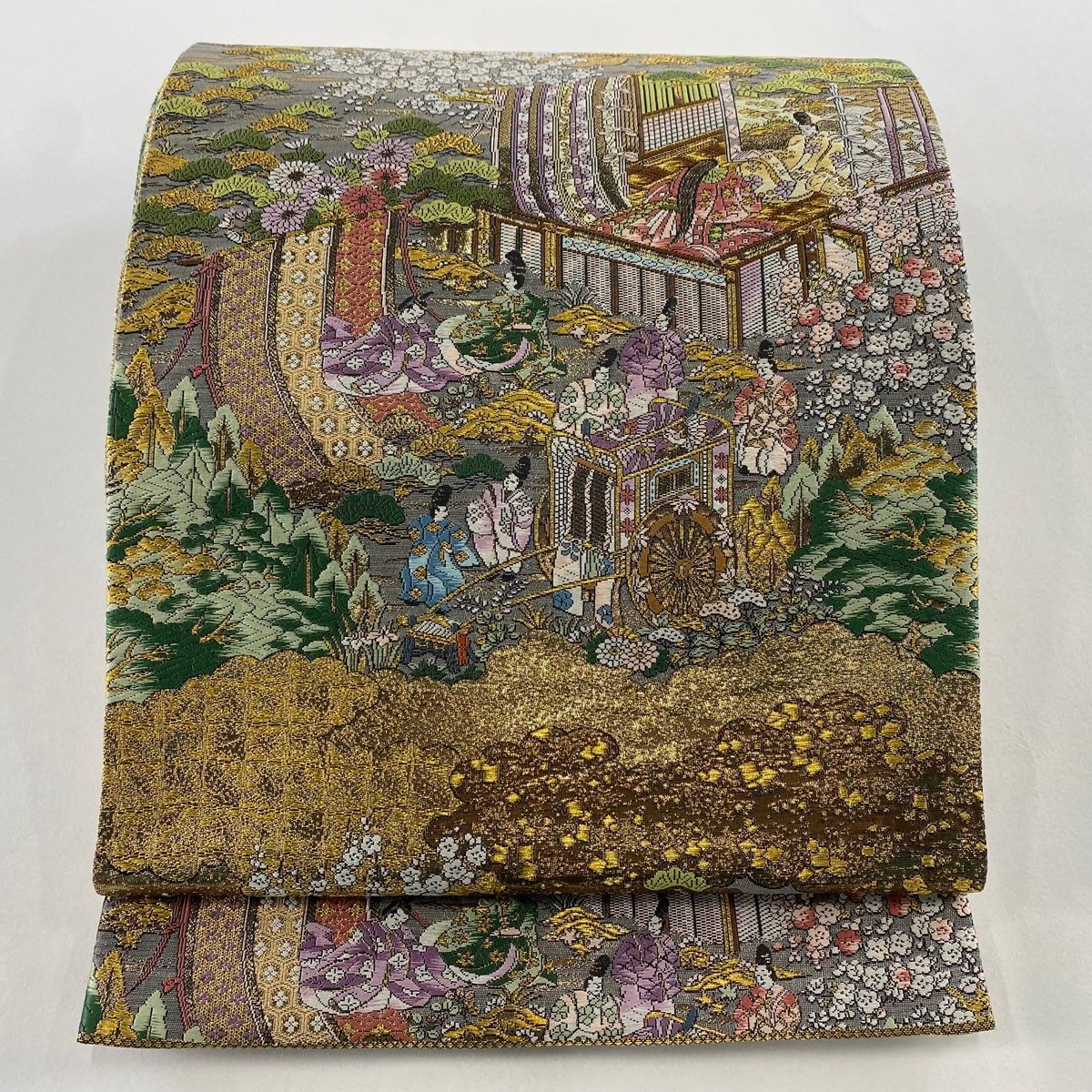 袋帯 秀品 京洛時代祭還幸絵巻 金糸 箔 灰色 お太鼓柄 正絹
