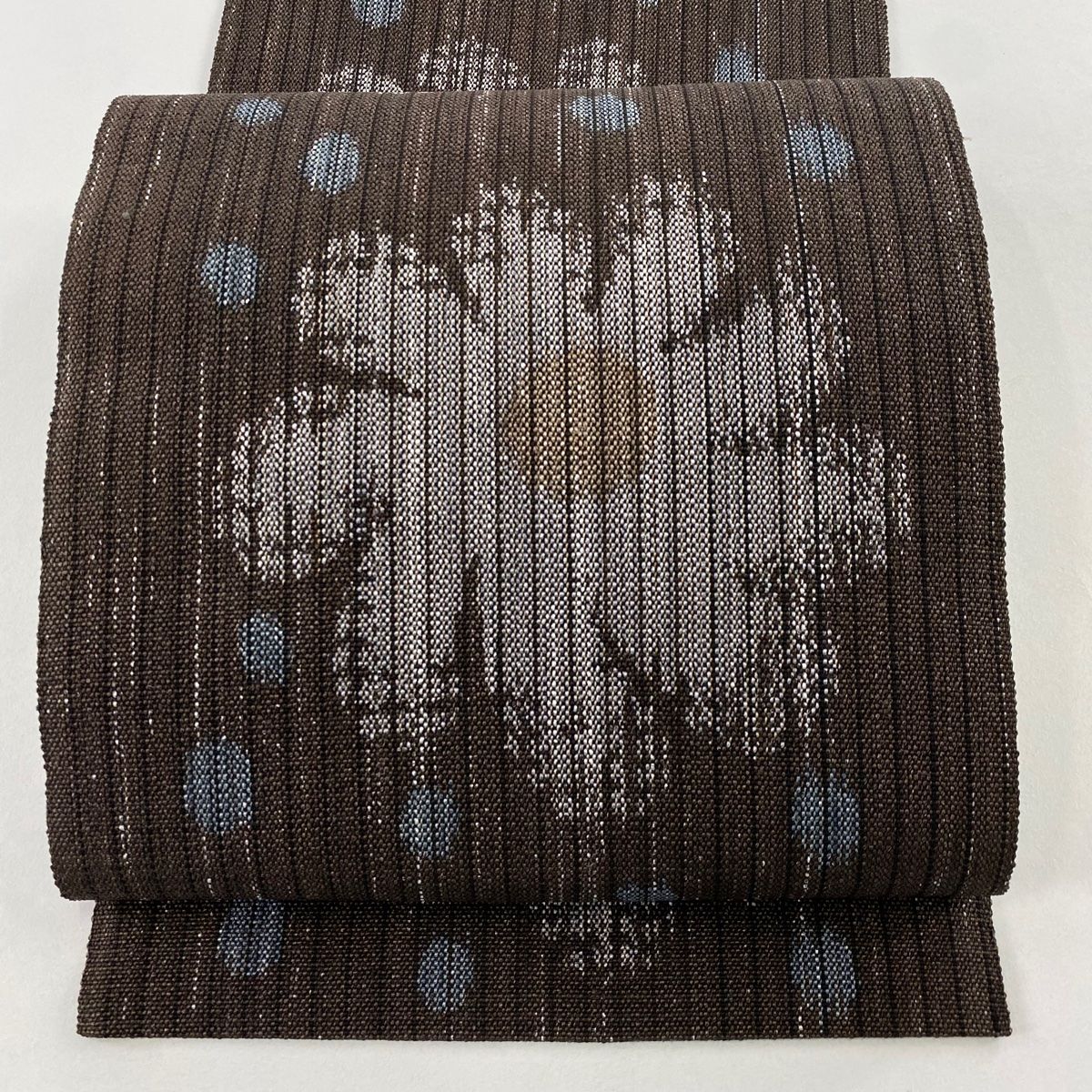 名古屋帯 秀品 落款 八寸名古屋帯 紬地 花 縞 茶色 正絹