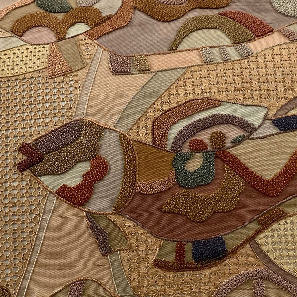 袋名古屋帯 秀品 魚 幾何学 刺繍 ベージュ 正絹