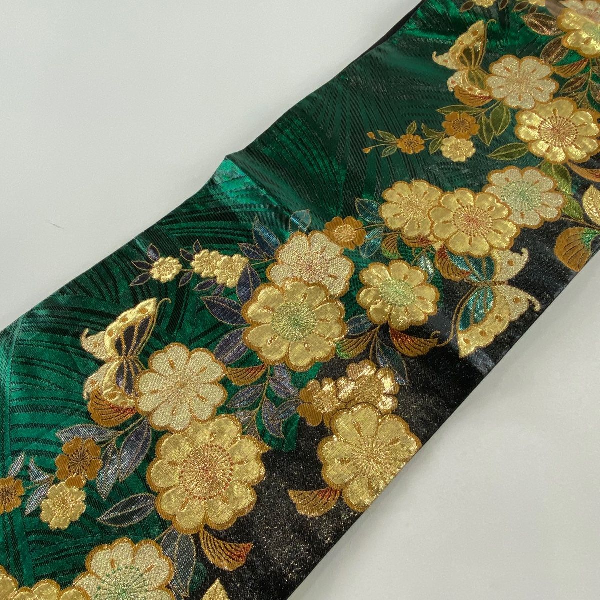  袋帯 秀品 振袖向き 草花 蝶 箔 金糸 緑 六通 正絹 袋帯 帯