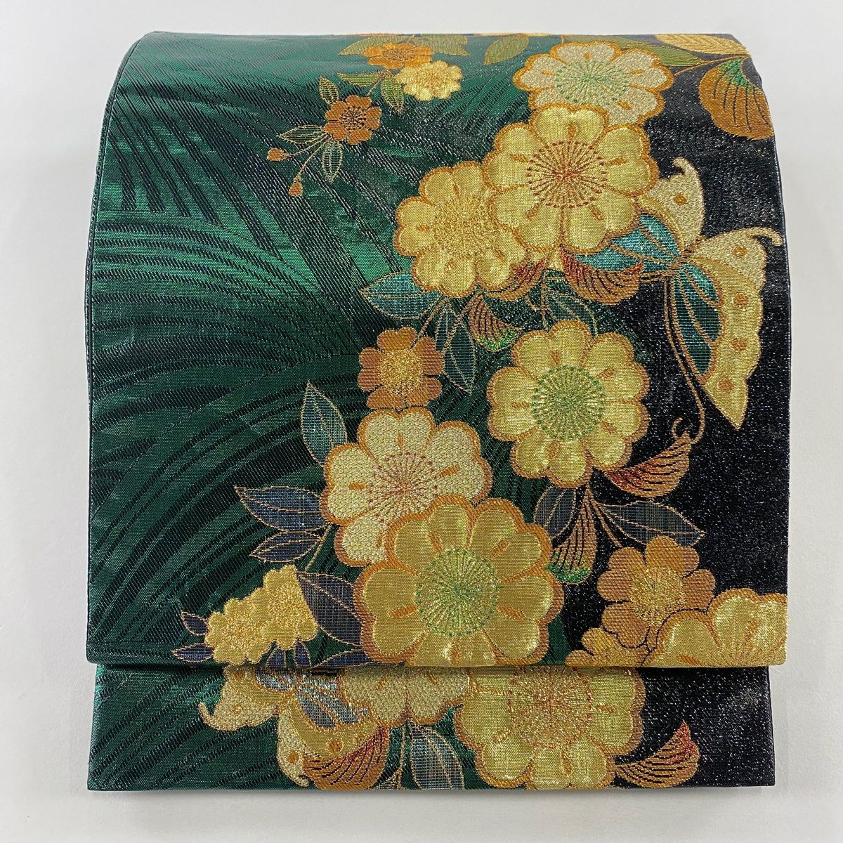 袋帯 秀品 振袖向き 草花 蝶 箔 金糸 緑 六通 正絹