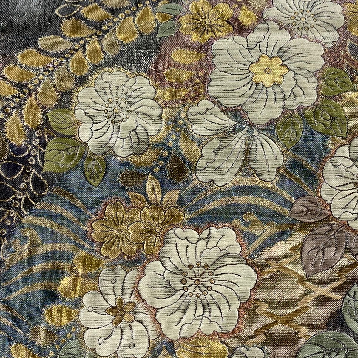 袋帯 秀品 草花 松皮菱 箔 金糸 黒灰 六通 正絹