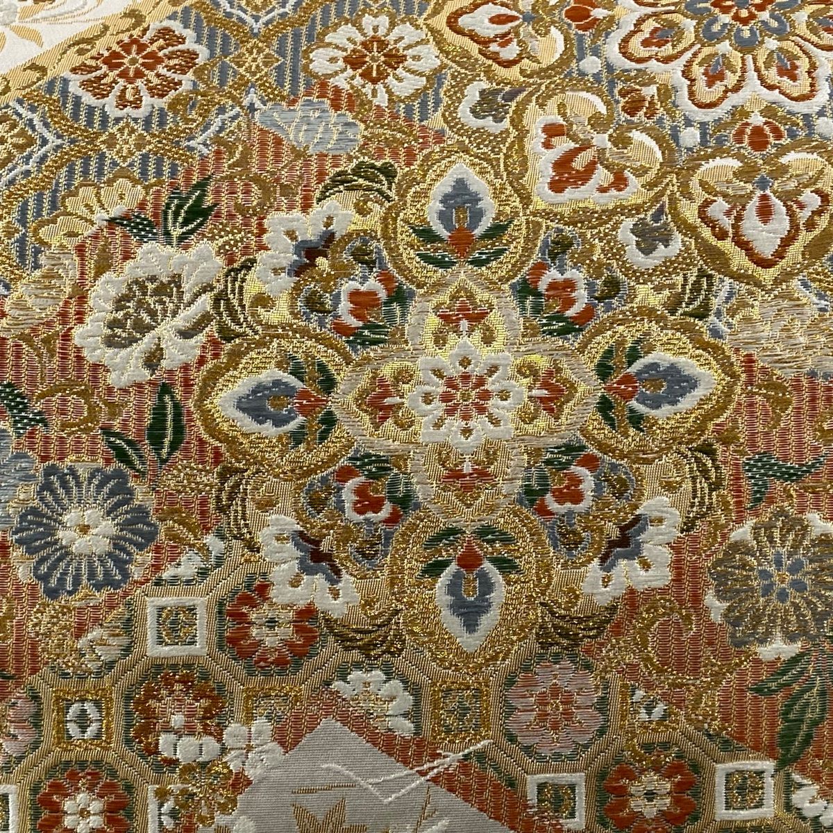 袋帯 秀品 華文 花唐草 金糸 箔 クリーム 六通 正絹