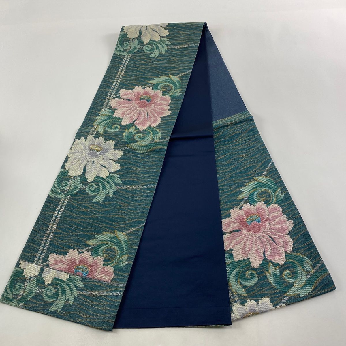  袋帯 秀品 花 紐 ラメ糸 箔 青緑 六通 正絹 袋帯 帯