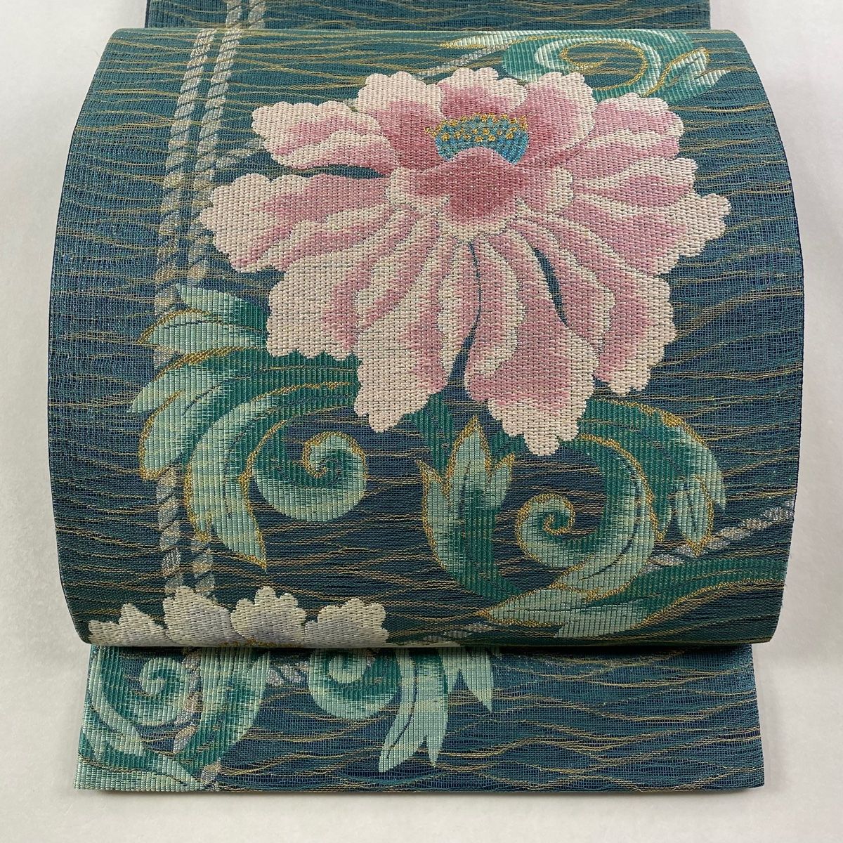 袋帯 秀品 花 紐 ラメ糸 箔 青緑 六通 正絹