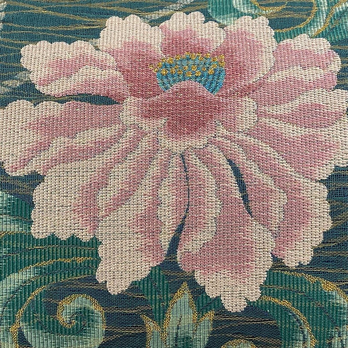 袋帯 秀品 花 紐 ラメ糸 箔 青緑 六通 正絹