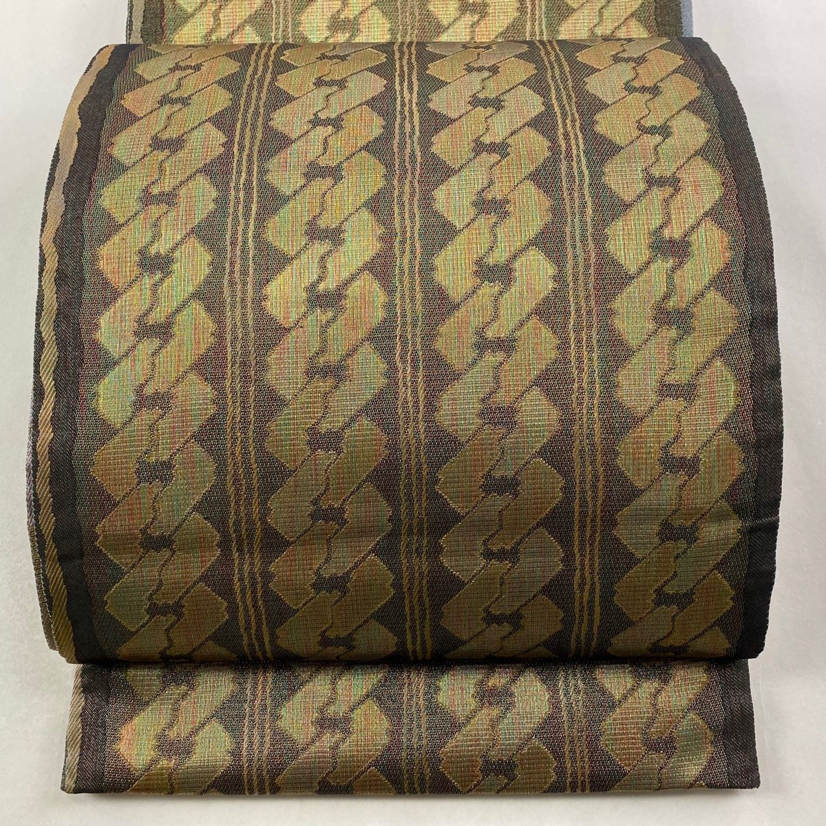 袋帯 秀品 吉原繋ぎ 縞 金糸 ラメ糸 茶緑色 全通 正絹