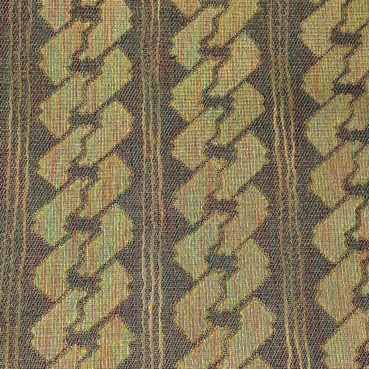 袋帯 秀品 吉原繋ぎ 縞 金糸 ラメ糸 茶緑色 全通 正絹
