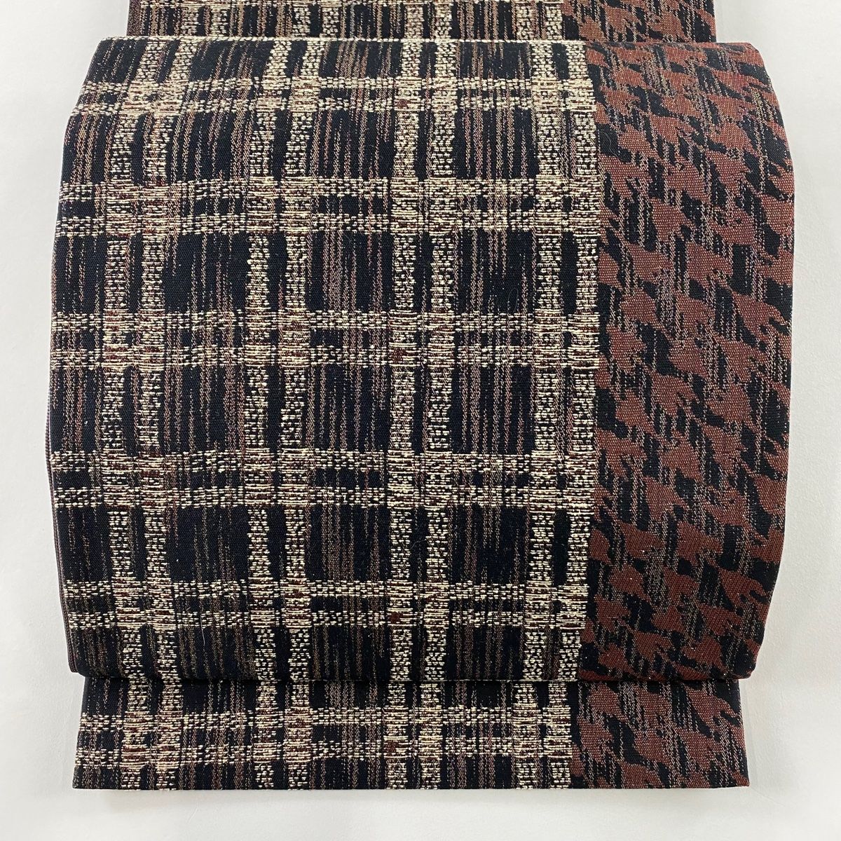 袋帯 秀品 ますいわ屋 格子 千鳥 焦茶色 六通 正絹