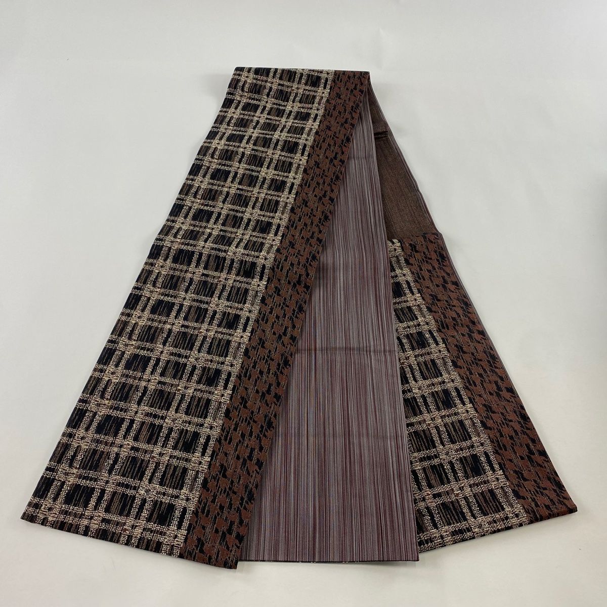  袋帯 秀品 ますいわ屋 格子 千鳥 焦茶色 六通 正絹 袋帯 帯