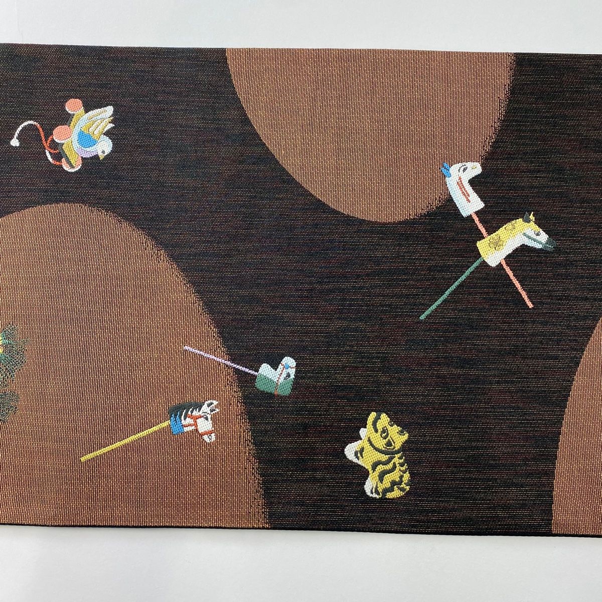  袋帯 秀品 玩具 動物 金糸 焦茶色 六通 正絹 袋帯 帯