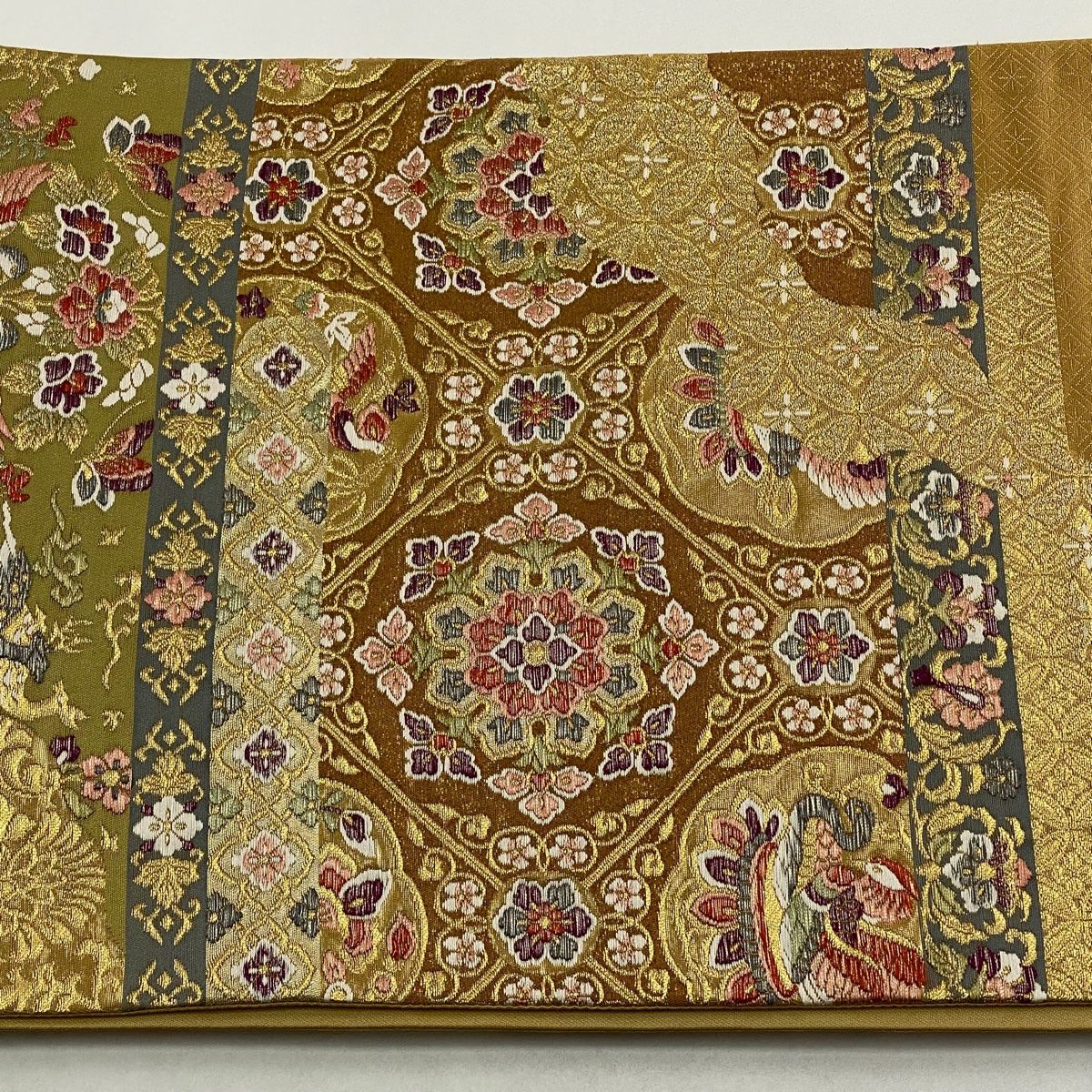  袋帯 秀品 華文 向鳥 金糸 箔 金色 六通 正絹 袋帯 帯