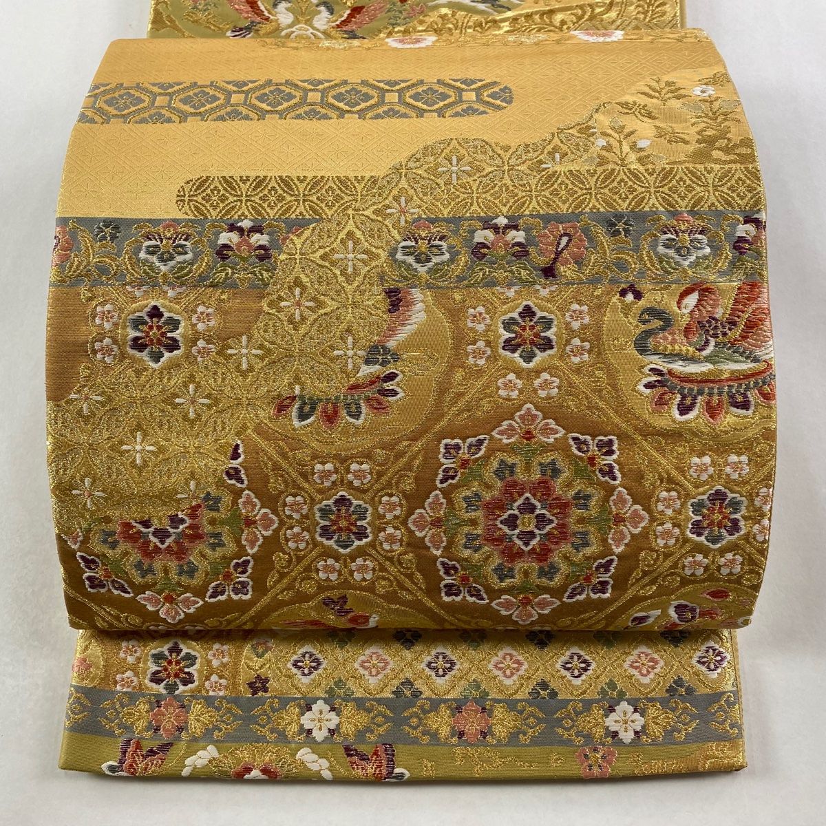 袋帯 秀品 華文 向鳥 金糸 箔 金色 六通 正絹