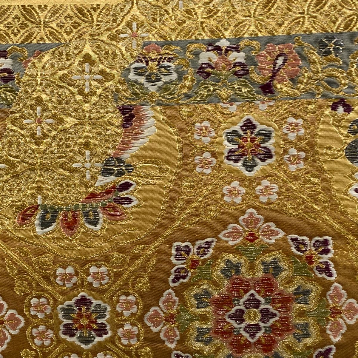 袋帯 秀品 華文 向鳥 金糸 箔 金色 六通 正絹