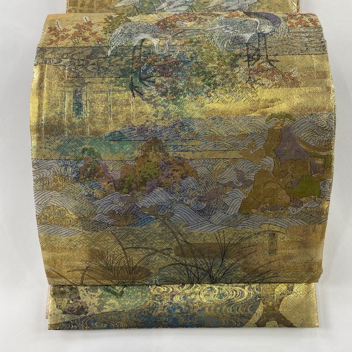 袋帯 秀品 風景 鶴 金糸 箔 金色 お太鼓柄 正絹