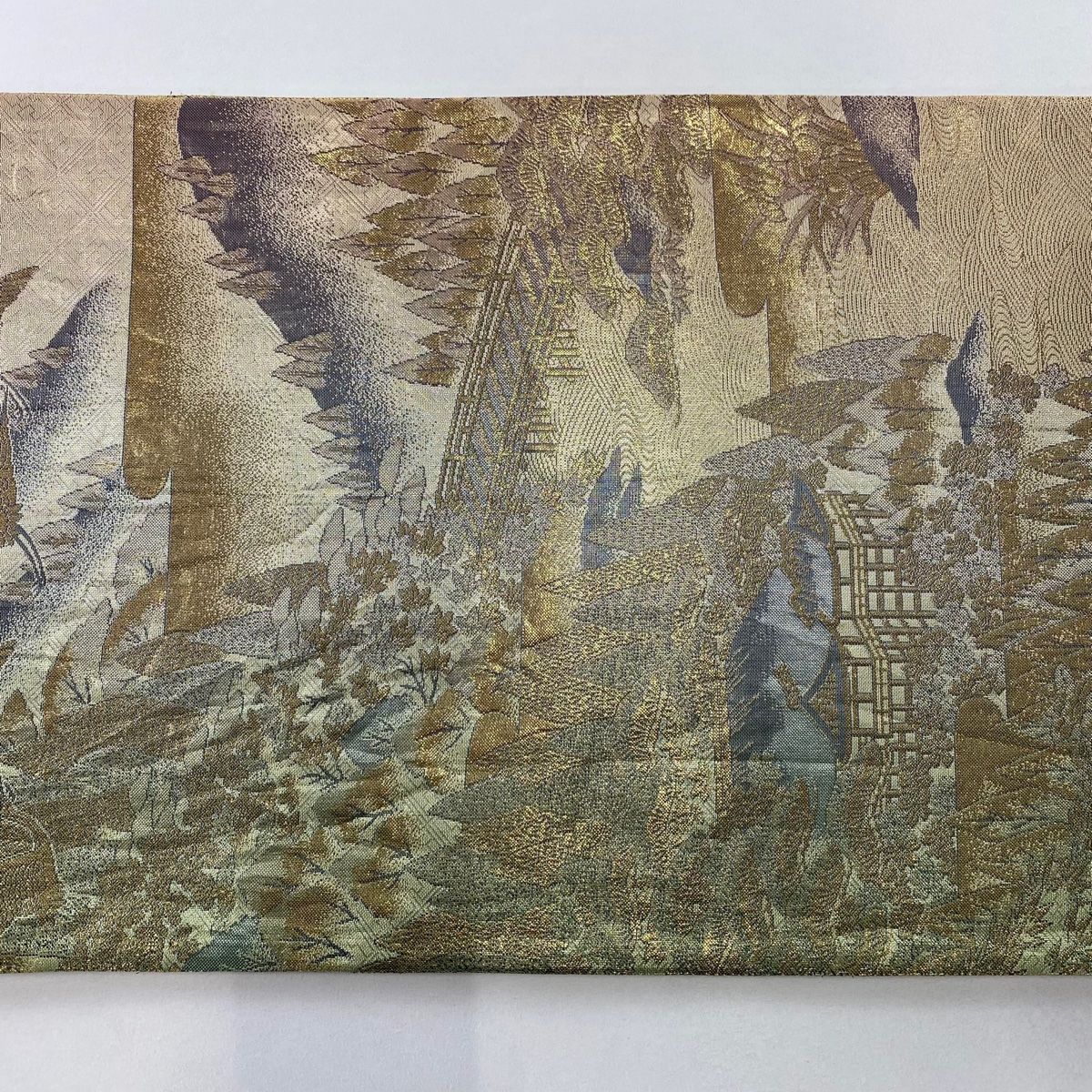  袋帯 秀品 風景 鶴 金糸 箔 金色 お太鼓柄 正絹 袋帯 帯