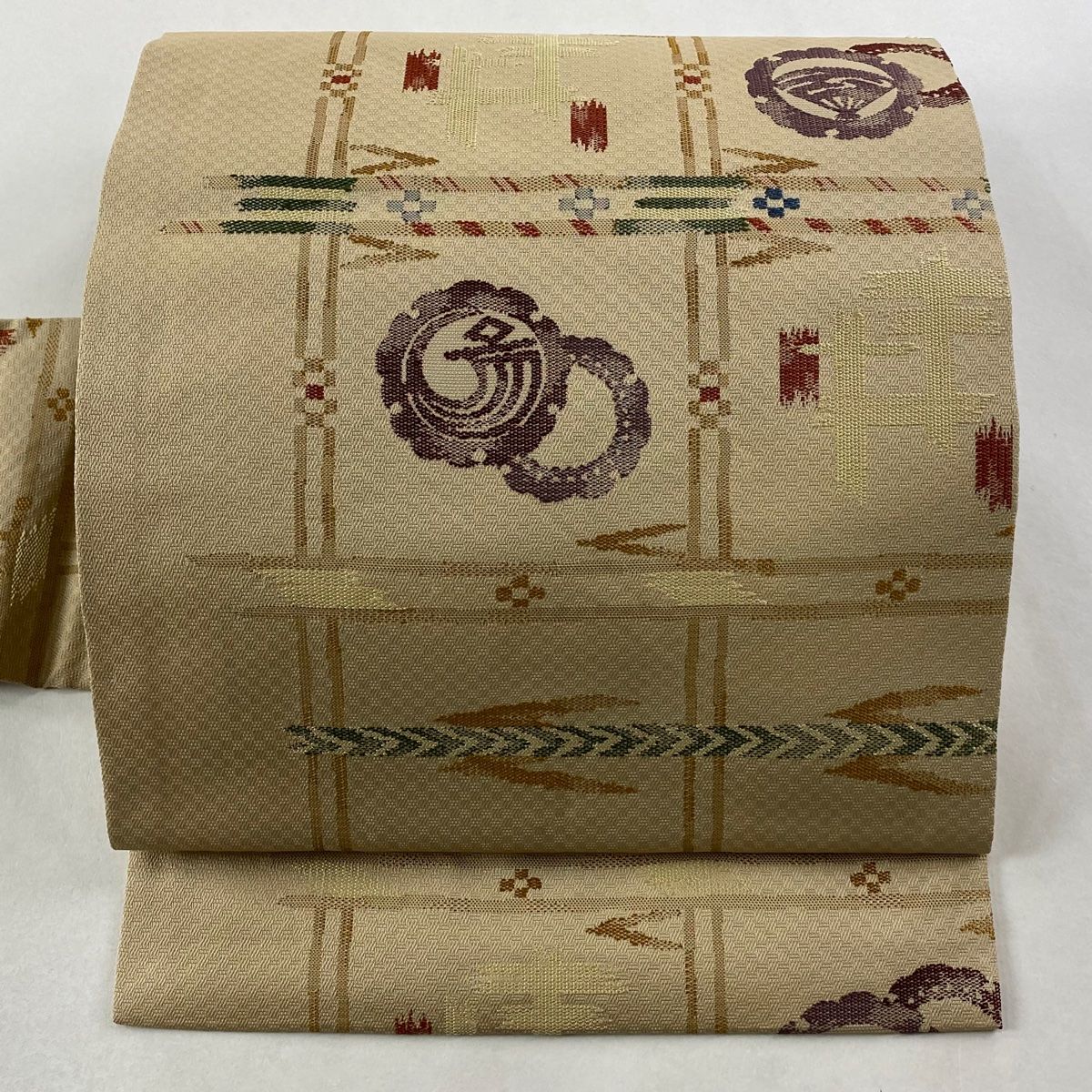 名古屋帯 秀品 井桁 真帆文 ベージュ 正絹