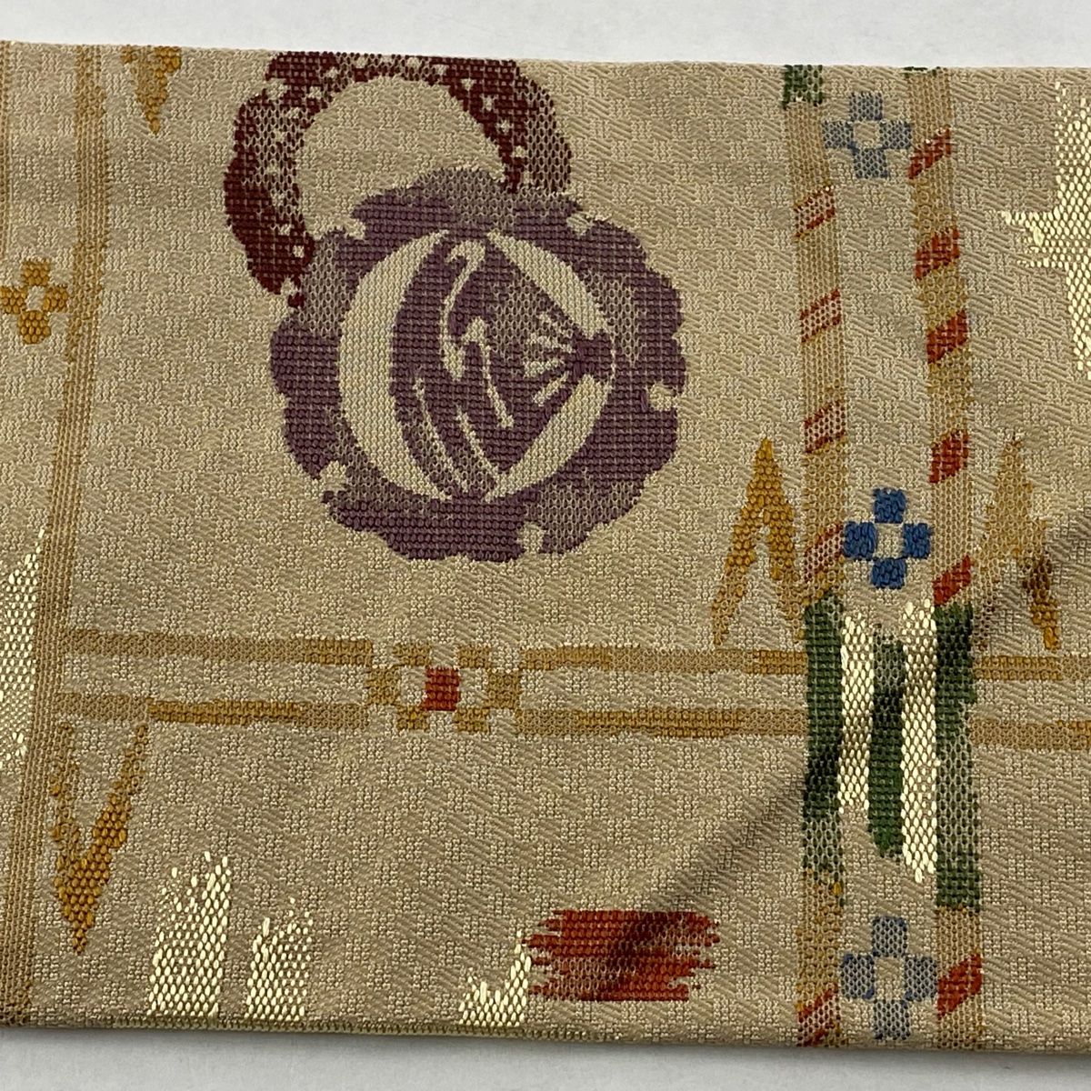  名古屋帯 秀品 井桁 真帆文 ベージュ 正絹 名古屋帯 帯