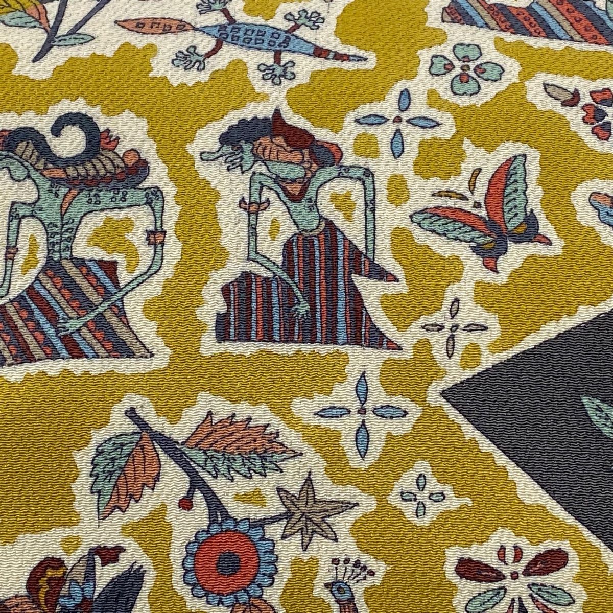 名古屋帯 秀品 コプト柄 草花 縮緬 黒灰 正絹