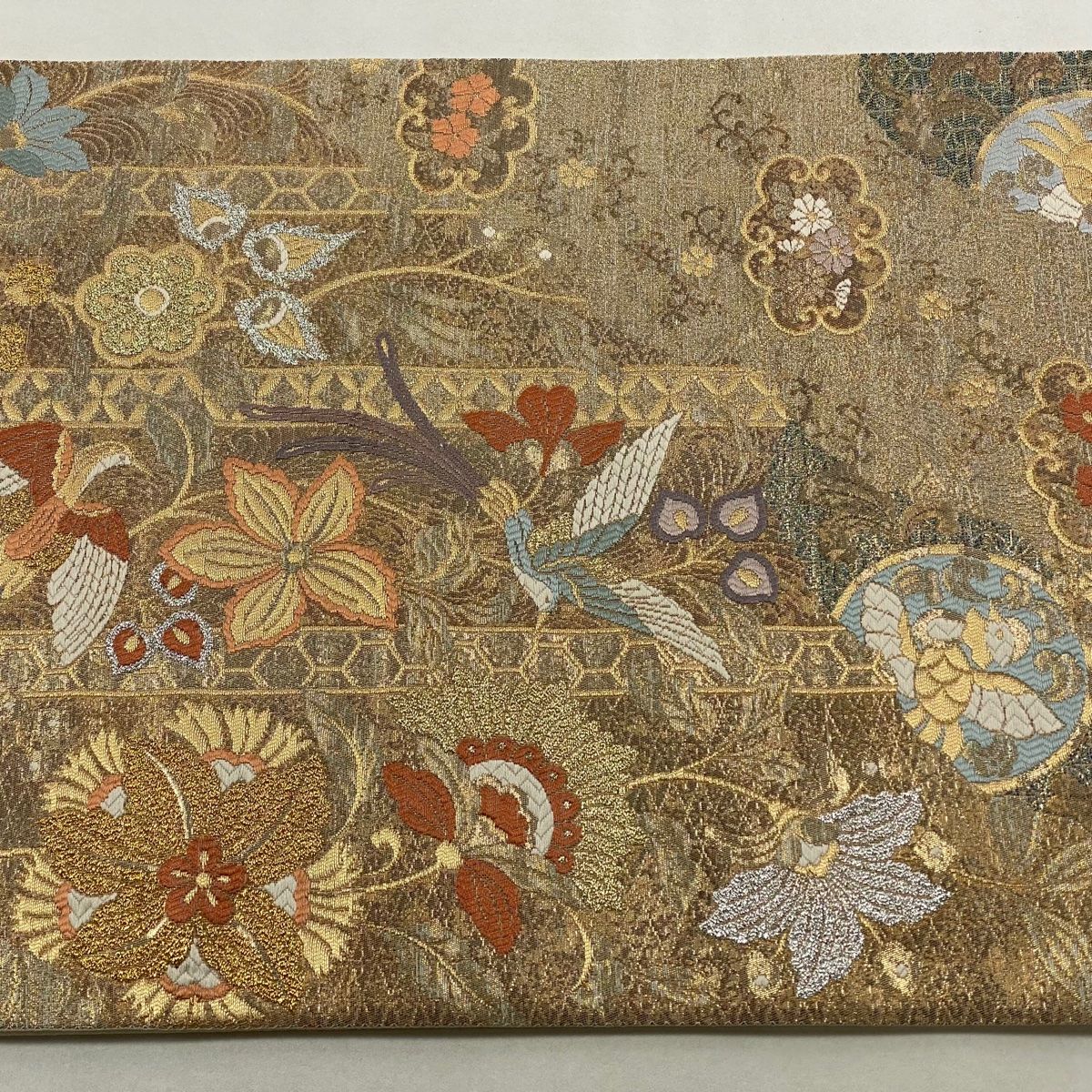  袋帯 秀品 尾長鳥 草花 箔 唐織 金色 六通 正絹 袋帯 帯