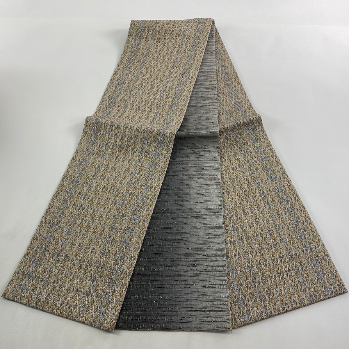  袋帯 秀品 証紙 幾何学模様 金糸 青灰色 全通 正絹 袋帯 帯