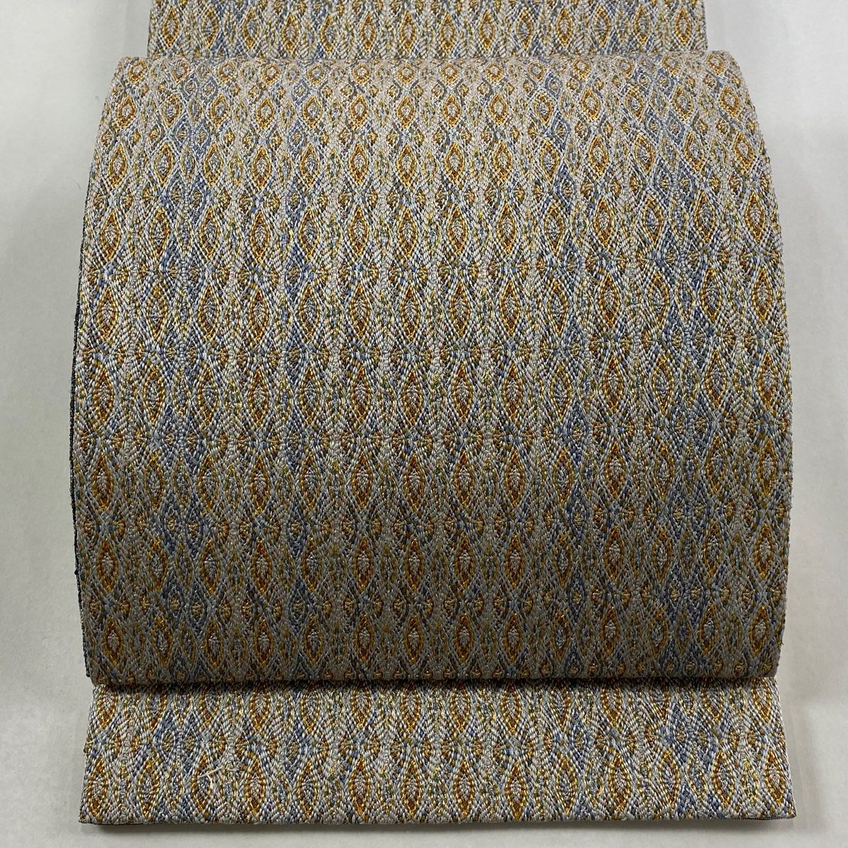 袋帯 秀品 証紙 幾何学模様 金糸 青灰色 全通 正絹