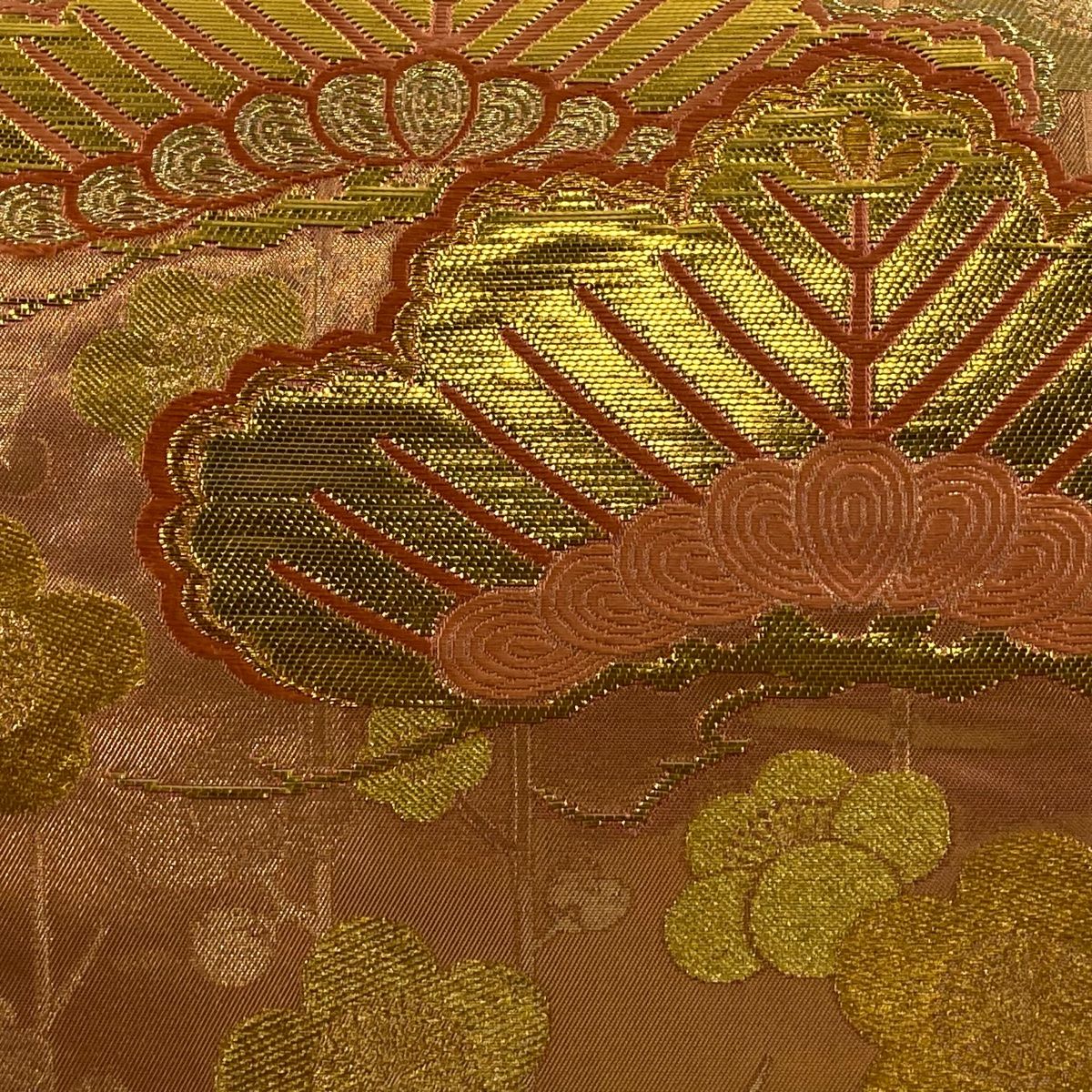 袋帯 秀品 笠松 枝梅 箔 唐織 サーモンピンク 六通 正絹