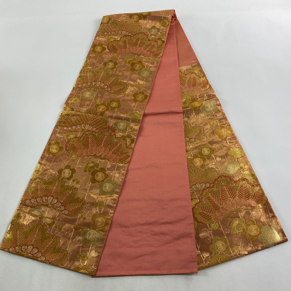  袋帯 秀品 笠松 枝梅 箔 唐織 サーモンピンク 六通 正絹 袋帯 帯