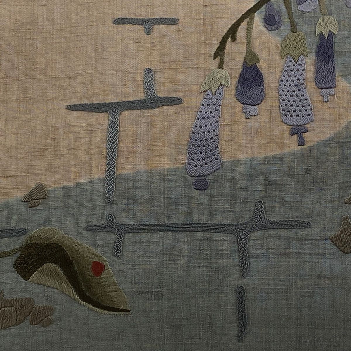 名古屋帯 秀品 紬地 生り物 霞 刺繍 灰緑 正絹