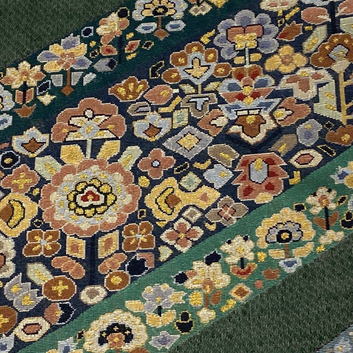 袋帯 秀品 草花 紗縞 金糸 濃紺 全通 正絹