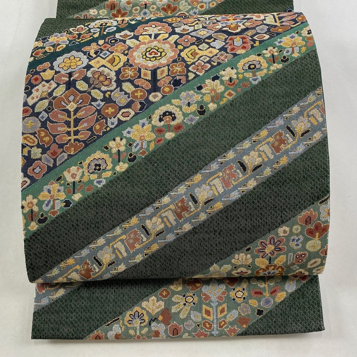 袋帯 秀品 草花 紗縞 金糸 濃紺 全通 正絹