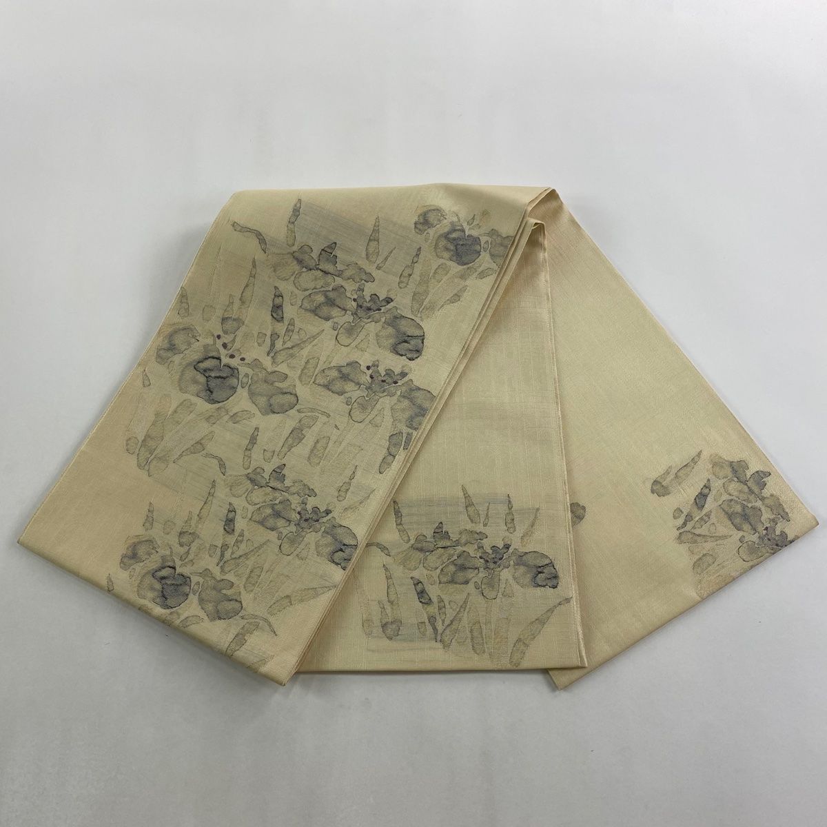  袋帯 秀品 落款 証紙 菖蒲 ベージュ お太鼓柄 正絹 袋帯 帯