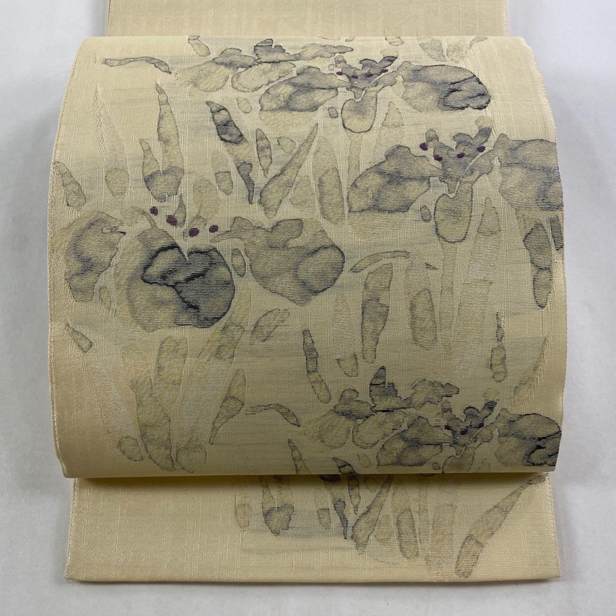 袋帯 秀品 落款 証紙 菖蒲 ベージュ お太鼓柄 正絹