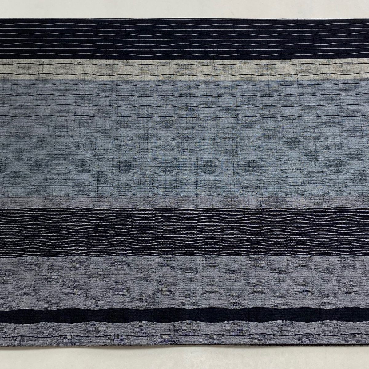  袋帯 秀品 紬地 よろけ縞 青灰色 全通 正絹 袋帯 帯