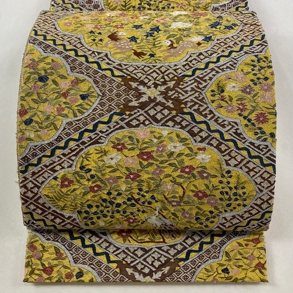 袋帯 明つづれ 枝花 鳥 金銀糸 金色 全通 正絹