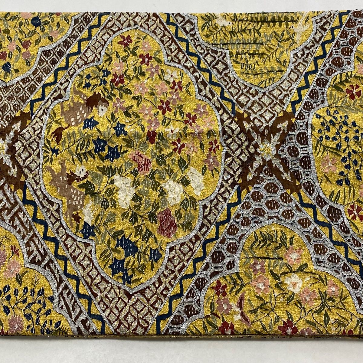  袋帯 明つづれ 枝花 鳥 金銀糸 金色 全通 正絹 袋帯 帯