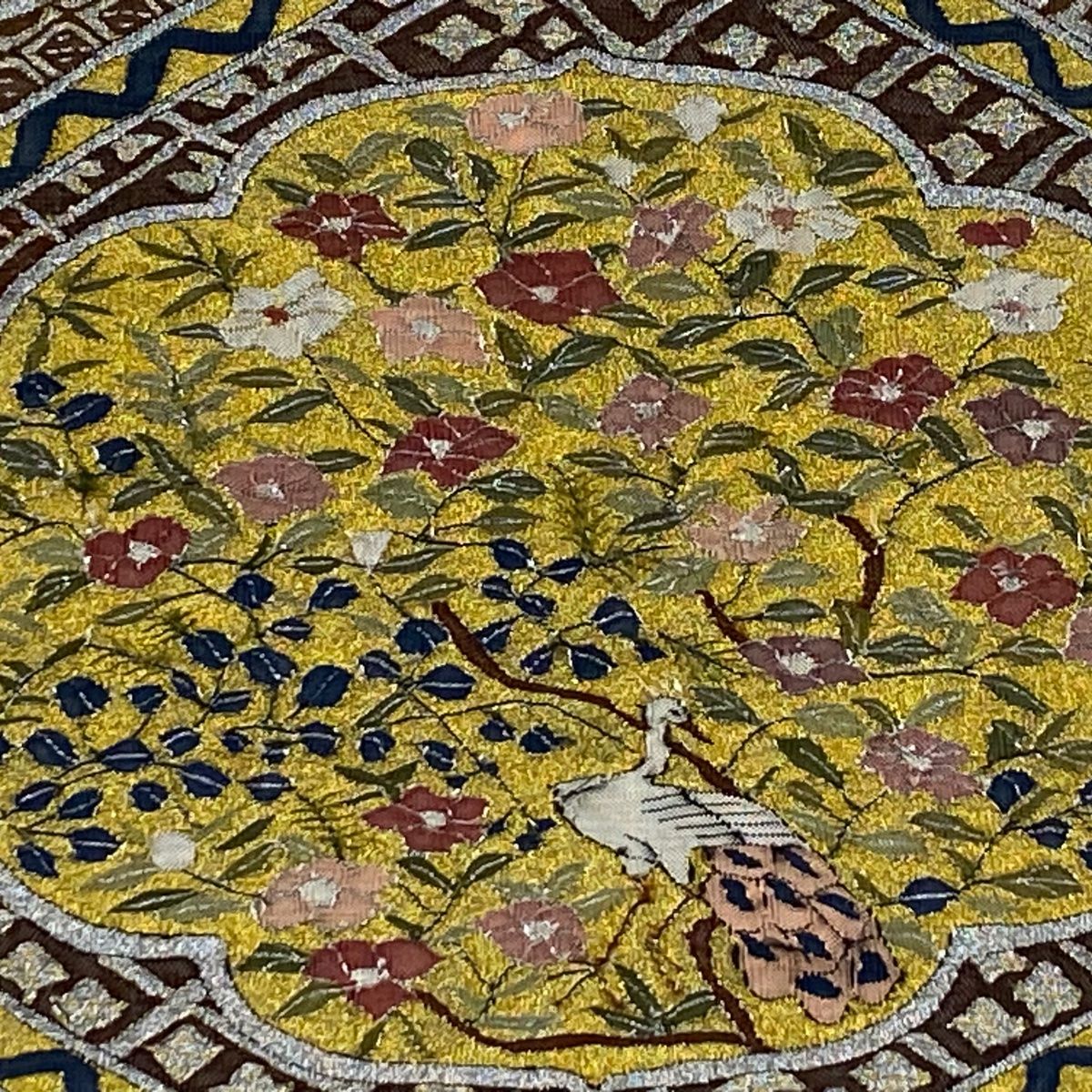 袋帯 明つづれ 枝花 鳥 金銀糸 金色 全通 正絹