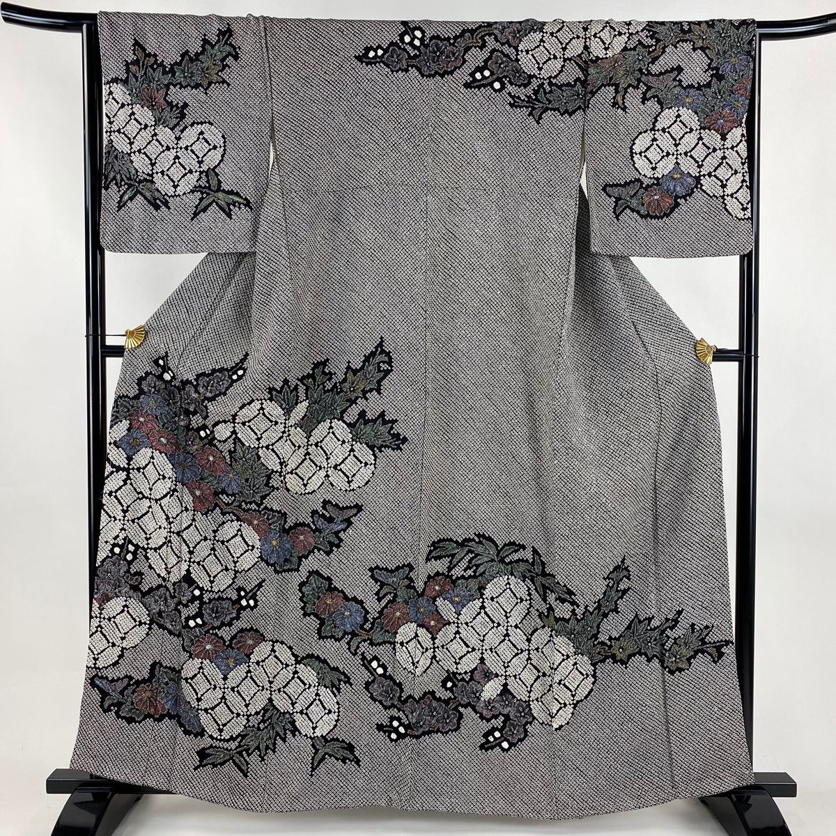 訪問着 身丈160 5 cm 裄丈65 M 袷 七宝 菊 総絞り ラメ彩 黒灰 正絹